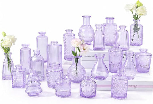 RUCKAE Glass Bud Vases Mini Flower Vase Small Vintage Vases for Centerpiece Table Wedding Decorations Home Decor Party(Purple 22 Pack)