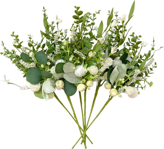 vivimemo 6 Pcs Spring Green Stems, 18 inch Artificial Eucalyptus Stem with White Florals for Home, Party & Wedding Decor Green Picks for Table Fireplace Vase DIY Wreath Decor