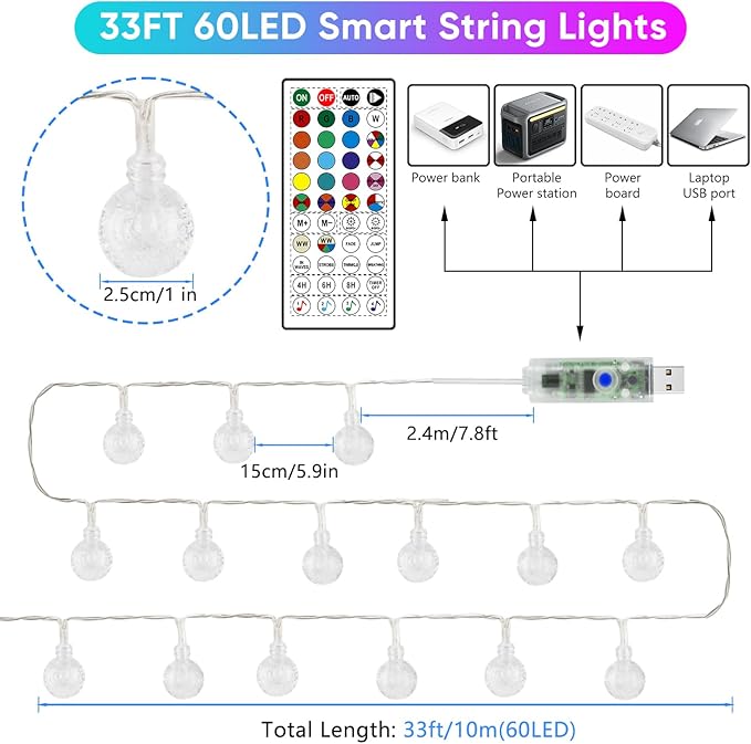 OMIKA Smart Color Changing String Lights USB Powered, 33FT 60LED APP Control Fairy Lights with Remote, Indoor Globe String Lights, Music Sync for Party Bedroom Tent Wedding Christmas Tree