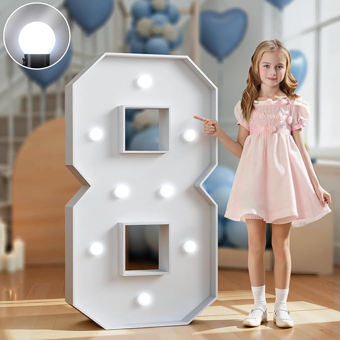 Marquee Numbers 3 Feet Tall Big Light Up Numbers 8th 18th 80th Happy Birthday Decorations White Anniversary Party Decor Large Cardboard Prop Backdrop Sign 8