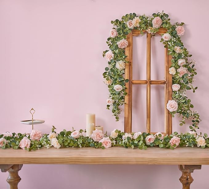 Anna's Whimsy 5.91FT Artificial Eucalyptus Garland with Flowers, Fake Rose Gypsophila Garland, Faux Floral Greenery Garlands for Wedding Spring Party Art Table Runner Decor (Pink, 1)
