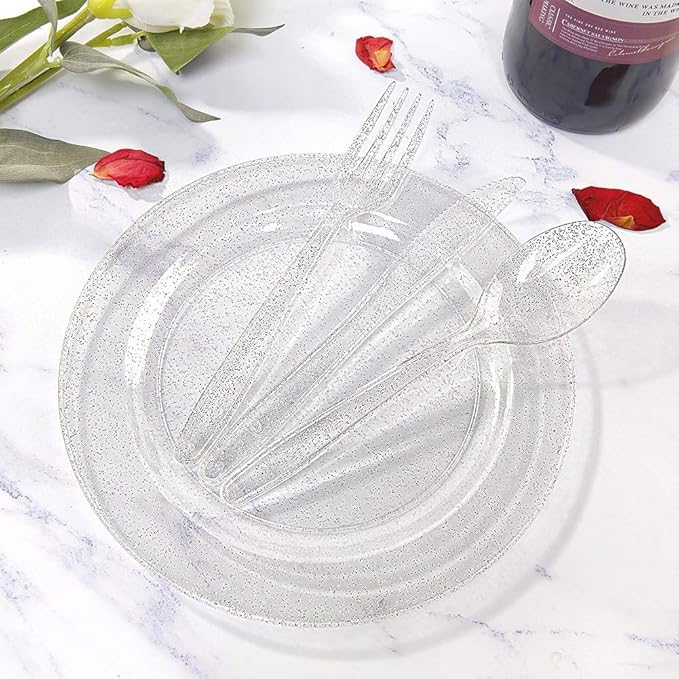 WDF 120PCS Silver Plastic Plates- Disposable Silver Glitter Plates, Premium Heavy Duty 60-10.25" Dinner Plates and 60-7.5" Salad Plates for Wedding Baby Shower Spring Birthday