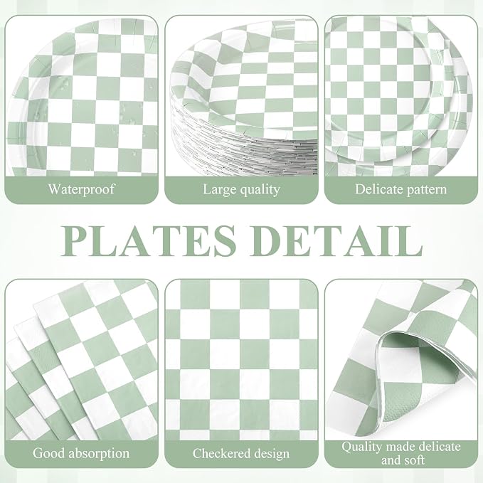 Funnymoom 452 Pcs Sage Green Gingham Party Supplies for 50, Light Green and White Checkered Gingham Paper Plates Napkins Cups Tablecloth Cutlery Straw for Picnic Birthday Baby Shower Decoration