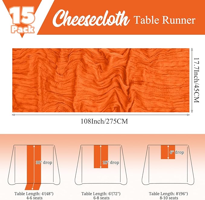 15 Pack Orange Fall Table Runner 17 x 108inch Cheesecloth Table Runner Boho Gauze Table Runners Rustic Sheer Fabric Cheese Cloth Table Runners for Wedding Party Bridal Shower Farmhouse Thanksgiving