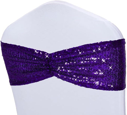 Poise3EHome Purple Sequin Chair Sashes, Double Sided Glitter Folding Chair Covers Bow for Wedding Party Banquet Reception Decorations, 50 PCS