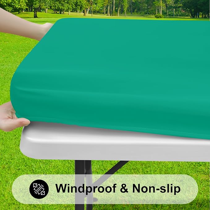 Smiry 3 Pack Rectangle Table Cloth, Elastic Fitted Flannel Backed Vinyl Tablecloths for 8ft Folding Tables, Waterproof Wipeable Table Covers for Indoor, Outdoor, Camping and Picnic (Green, 30"x96")