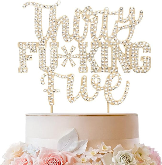 LINGTEER Happy 35th Birthday Funny Gold Rhinestone Cake Topper - Cheers to 35 Years Old Birthday Party Cake Centerpieces Topper Decorations Gift Sign.