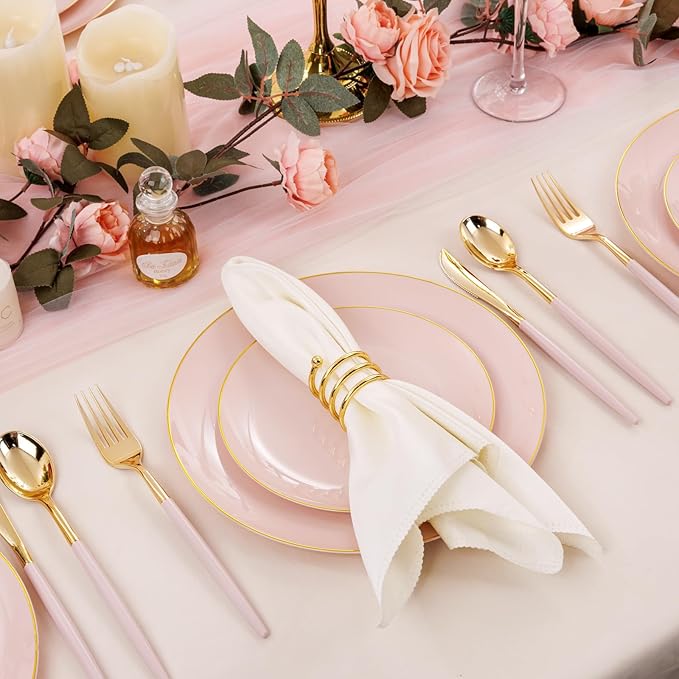 DaYammi 150Pcs Pink Plastic Plates with Gold Rimmed,Heavy Duty Plastic Plates - Pink Disposable Plate Included 30 Dinner plate,30 Dessert plate,30 Knives,30 Forks,30 Spoons for Mother's Day Party