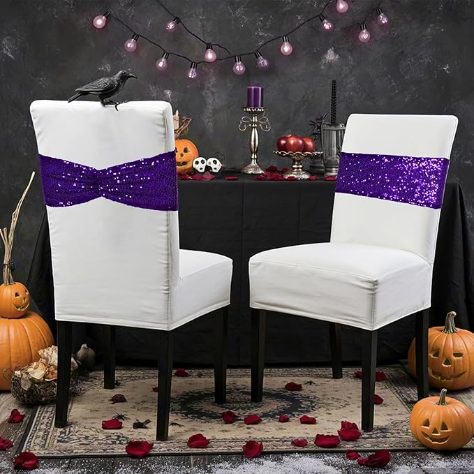 Poise3EHome Purple Sequin Chair Sashes Folding Chair Covers Bow for Wedding Party Reception Decorations, 10 PCS