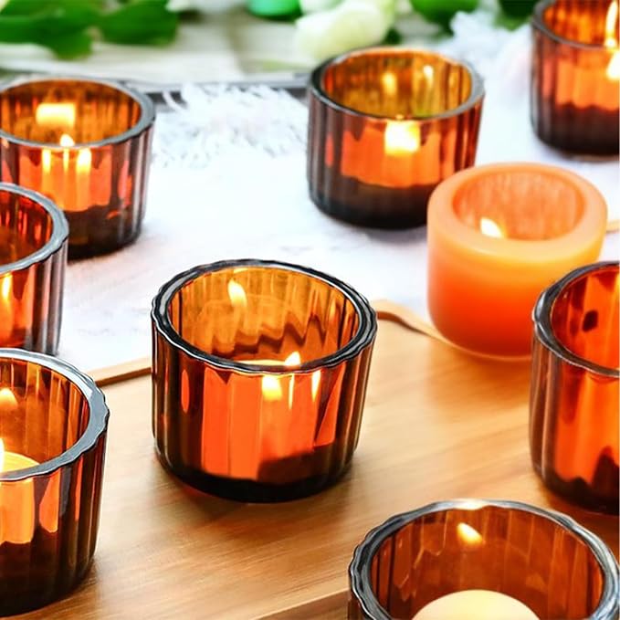 GOLDEAL Amber Tealight Candle Holder,Set of 24 Thick Glass,Tea Light Holders Bulk,Votive Candle Holders,for Wedding Table Decor,Party Supplies,Bridal/Baby Shower Decorations,Centerpieces for Tables