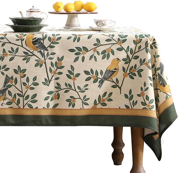 patdrea Designer French Linen Tablecloth,Rectangular,94"x63"-Warbler A | Vintage Large Table Cloth for Rectangle Table,Yellow and Green Floral Pattern,Dining Room Tea Party Thanksgiving Decor