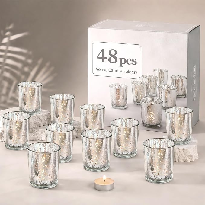LETINE 48pcs Silver Votive Candle Holders – Glass Tea Light Candles Holder, Standard Votive Size for Regular Votive Candles – Bulk Candle Holder for Party Decoration, Bridal Shower, Holiday