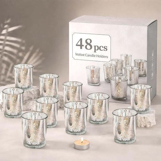 LETINE 48pcs Silver Votive Candle Holders – Glass Tea Light Candles Holder, Standard Votive Size for Regular Votive Candles – Bulk Candle Holder for Party Decoration, Bridal Shower, Holiday