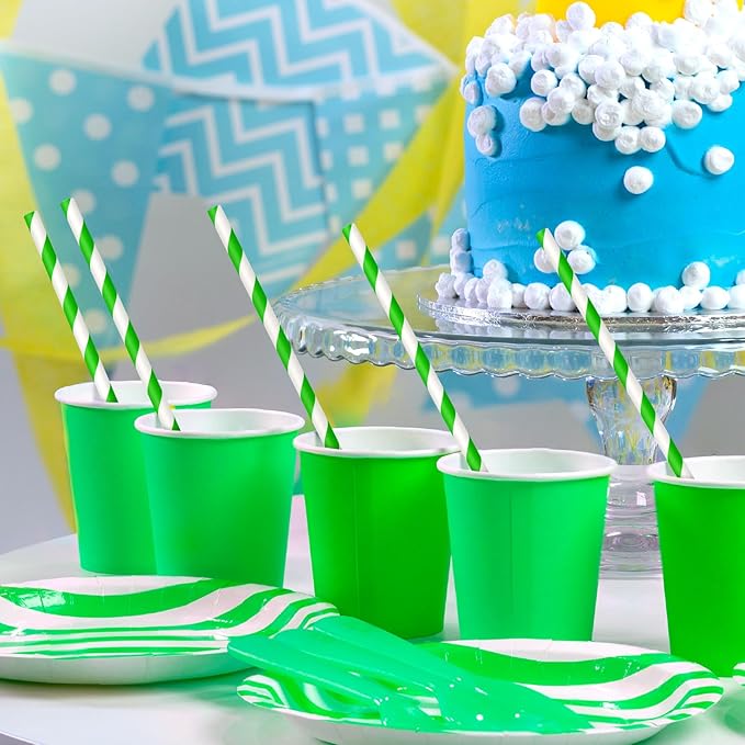 100 Packs Green Biodegradable Striped Paper Straws, Disposable Drinking Straws for Birthday Carnival Summer Pool Party Wedding Baby Shower Halloween Christmas Party Decoration Supplies