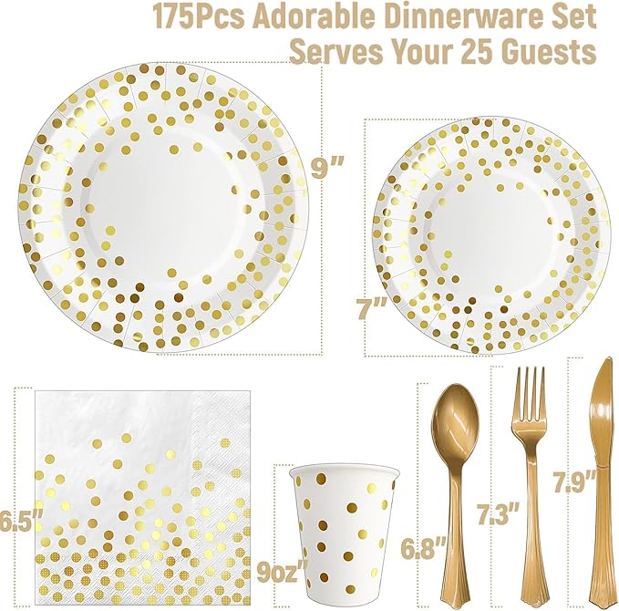 AIRE 175PCS White and Gold Party Supplies, Heavy Duty Disposable Dinnerware Set Serves 25, Paper Plates Plastic Forks Knives Spoons for Birthday,Graduation, Bridal Shower Decoration