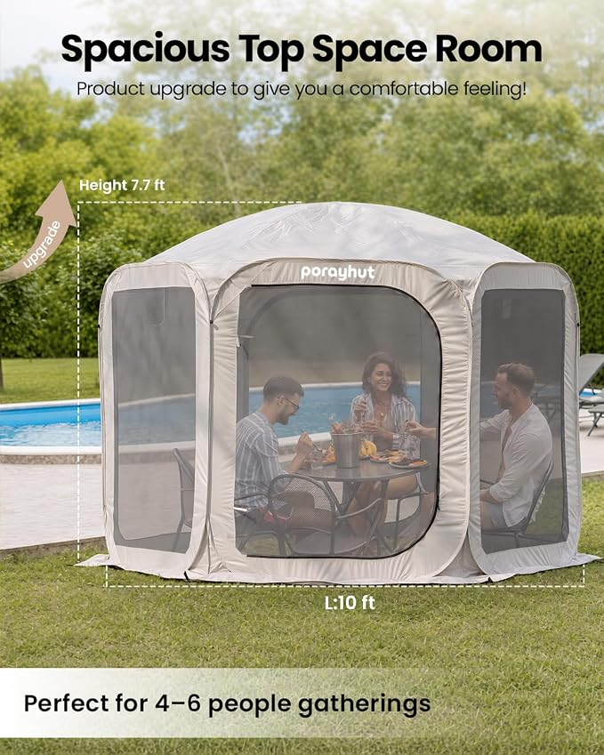 Porayhut Pop up Screen House,Sun Shelter with Breathable Mosquito Netting,10x10FT Large Screen Canopy with Waterproof Floor,Portable Camping Gazebo for Family Friends Party in Backyard,Park