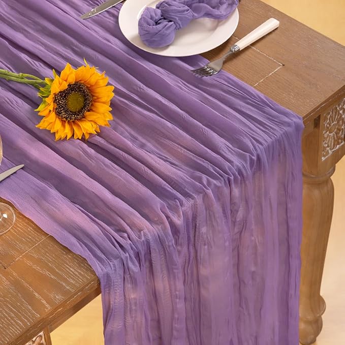 DeZerlor Lavender Purple Cheesecloth Table Runner 10 Pack Spring Easter Table Runners Boho Gauze 120 Inches Cheese Cloth Table Decor for Wedding Bridal Baby Shower Parties