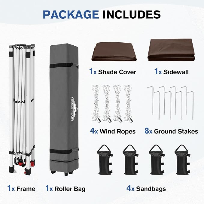 EAGLE PEAK Commercial Canopy 10x10 Pop Up Canopy Tent with 1 Sidewall, Easy Setup Heavy Duty Instant Event Shelter for Vendors & Markets, Outdoor Sun Shade, Brown