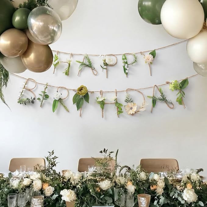 Norme 2 Pcs Green Leaves Birthday Party Decorations Banner Metal 3D Wildflower Happy Birthday Garland Garden Spring Tea Fairy Party Decorations for 16 21st 30th 40th 50th 60th 70th