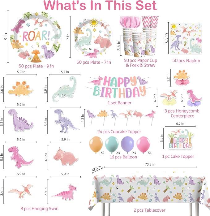 Pastel Dinosaur Birthday Decorations Girl, Dinosaur Birthday Banner, Cupcake Toppers, Disposable Table Cloth, Plates and Napkins Serve 50 Guests, Pink Watercolor Cute Girls Dino Theme Party Supplies
