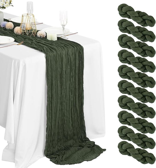 10 Packs Cheesecloth Table Runner Hunter Green, 10Ft x 35" Deep Green Rustic Gauze Boho Wedding Table Runner Decoration, Wedding Table Decor Table Cloth for Wedding Party Bridal Shower Table