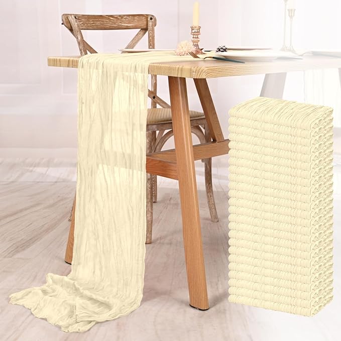 24 Pack Ivory Cheesecloth Table Runner 10FT Boho Gauze Cheese Cloth Table Runner Rustic Sheer Fabric Table Runners for Wedding Bridal Shower Baby Shower Party(21.5×120 Inch)