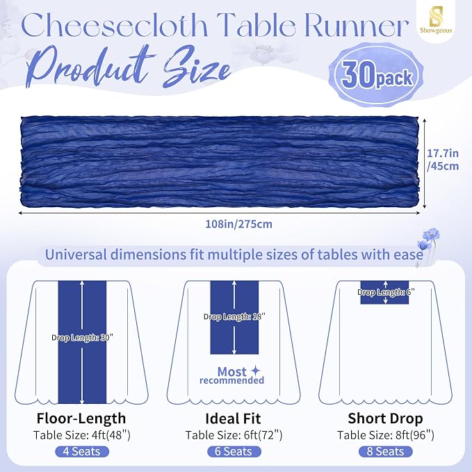 30 Pack Royal Blue Cheesecloth Table Runner 17 x 108 inch Boho Gauze Table Runner Rustic Sheer Cheese Cloth Table Decorations for Wedding Party Baby Bridal Shower Birthday Holiday Home