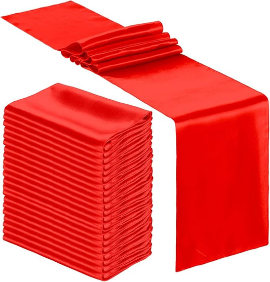 Bencailor 24 Pcs Bright Red Satin Table Runner Bulk 12 x 108 Inches Long Table Runners Bright Smooth Fabric Tablecloth for Wedding Banquet Birthday Spring Graduation Party Decorations