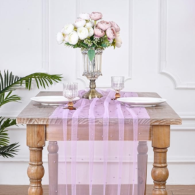 LuoluoHouse Pearl Tulle Table Runner Fabric: 10ft Wedding Veil Seasonal Dessert Light Purple Chiffon Pearl Lace Boho Overlay Wedding Aisle Runner Party Decorations Doilies