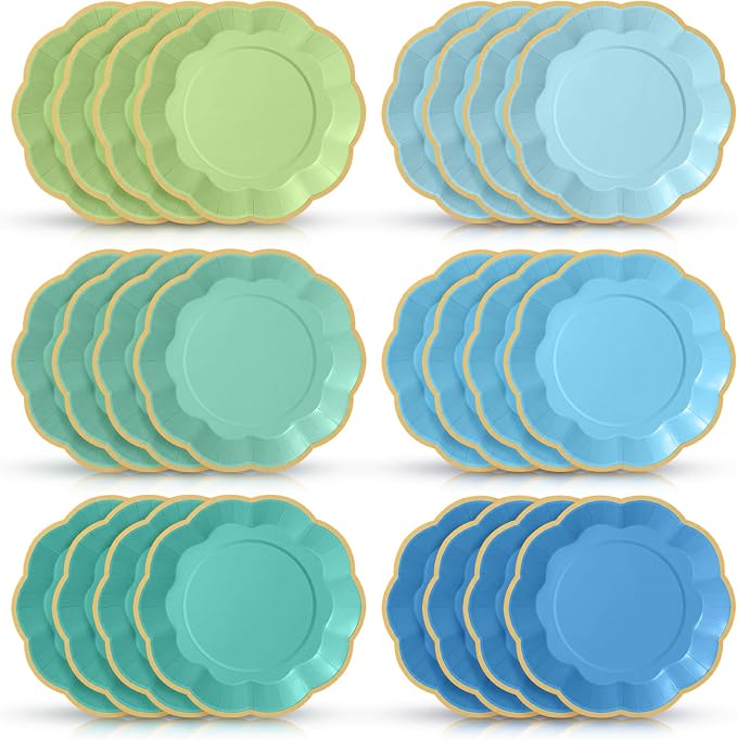 72 Pcs Teal Blue and Green Color Paper Plates 9 Inch Gradient Scalloped Paper Disposable Dinner Dessert Plates for Summer Beach Ocean Birthday Wedding Bridal Party Supplies