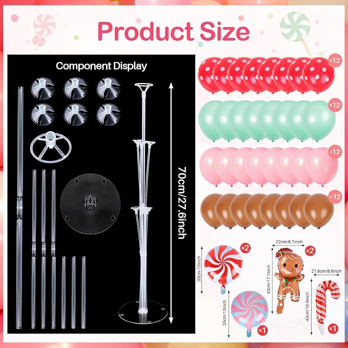 6 Sets Christmas Gingerbread Balloon Stand Kit for Table with Gingerbread Man Candy Cane Foil Balloon Centerpiece for Christmas Theme Xmas Birthday Holiday New Year Party Table Decorations