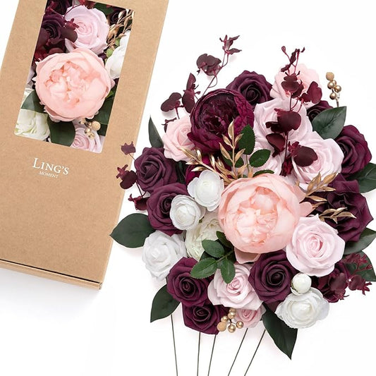 Ling's moment Fake Flowers Box, Faux Artificial Greenery Stems Foam Roses Silk Peonies Ranunculus Fabic Flower for Centerpieces Bouquet Wedding Vase Decorations, Berry Pink & Blush, Deluxe Combo