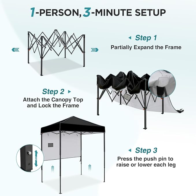 EAGLE PEAK 6x4 Instant Pop Up Canopy Tent with 1 Half Wall Panel, Straight Leg Sun Shelter, Portable Canopy with Carry Bag for Camping, Beach & Sports, Black