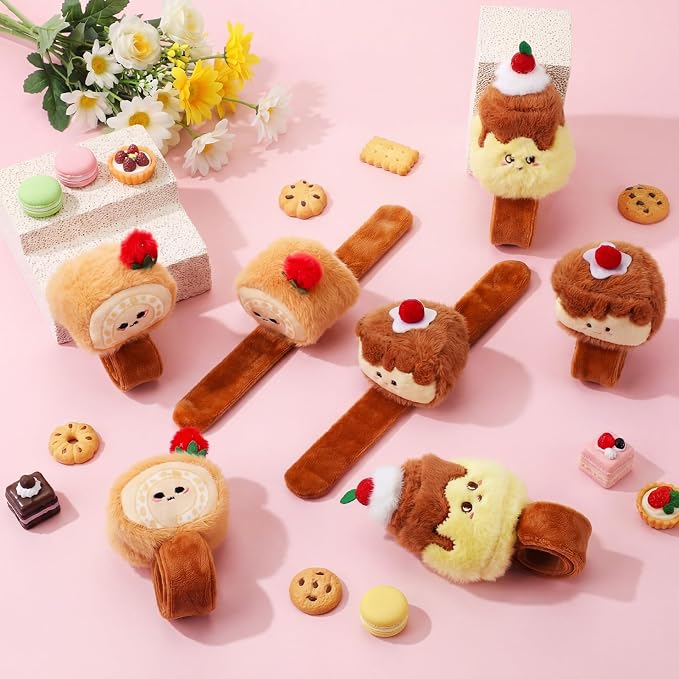 Lenwen 8 Pcs Dessert Stuffed Slap Bracelets for Kids Plush Dessert Slap Snap Bracelets Bulk Sweet Pudding Roll Cake Plush Wrist Bands for Food Birthday Graduation Party Favors Gift Boys Girls