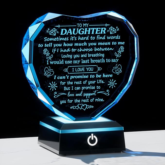 Arikyrist Daughter Gifts from Mom Dad Heart Shaped Crystal Plaque for Daughter with LED Light Base Birthday Graduation Weddind Gifts for Daughter