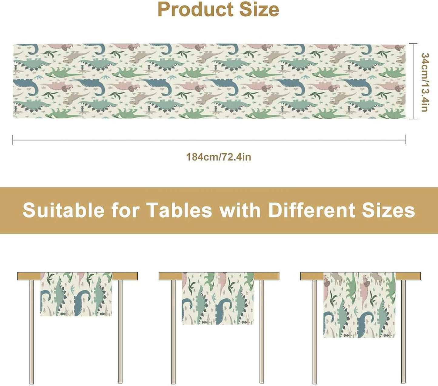 Cartoon Dinosaur Table Runner,Kids Boys Cute Colorful Animal Dino Abstract Print Tablecloth Burlap for Hotel Indoors Outdoor Dining Room Kitchen Holiday Party, 13x108in