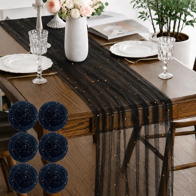 Pearl Black Gauze Pearl Table Runner 120 Inch 10FT, Seasonal Sheer Dining Holiday Wedding Birthday Baby Shower Tulle Summer Table Decor for Home Party