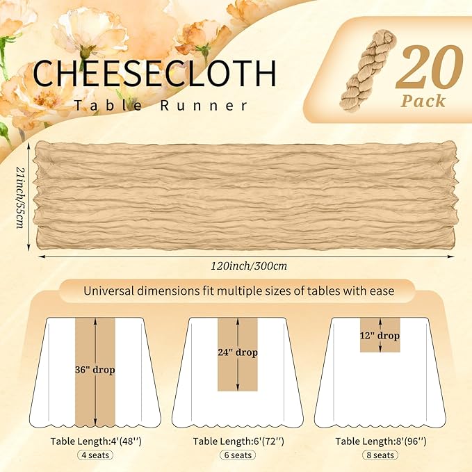 20 Pack Nude Cheesecloth Table Runner 10FT Boho Gauze Cheese Cloth Table Runners Romantic Rustic Sheer Table Decorations for Wedding Party Baby Shower Birthday Holiday Home
