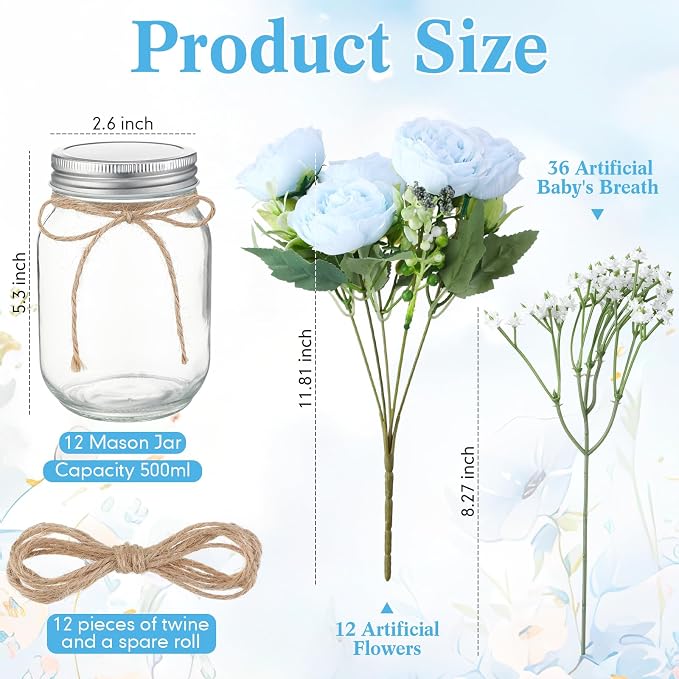 Zeyune 12 Sets Mason Jar Centerpiece Table Decorations, Artificial Peony Baby's Breath Flower Bouquets, Faux Flowers with Vase, Rustic Decor Gifts for Home, Wedding, Holiday (Blue)