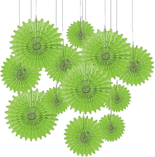 Lime Green Tissue Hanging Fan Assortment - Set of 12 in 3 Sizes - Hanging Party Decor