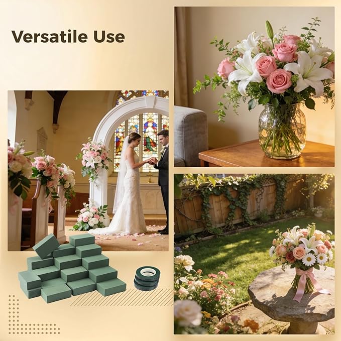 36 Pcs Floral Foam Blocks Set with 3 Green Tapes, Wet & Dry Flower Foam Bricks for Fresh and Artificial Arrangements, Green Florist Foam for Wedding, Party, Birthday, Home Decorations
