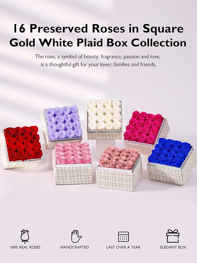 Eterfield Forever Flowers Preserved Roses Real Roses that Last Over a Year Rose Box Gifts for Her Mothers Day Valentines Day Christmas (Square Gold White Plaid Box, 16 Pink Roses)