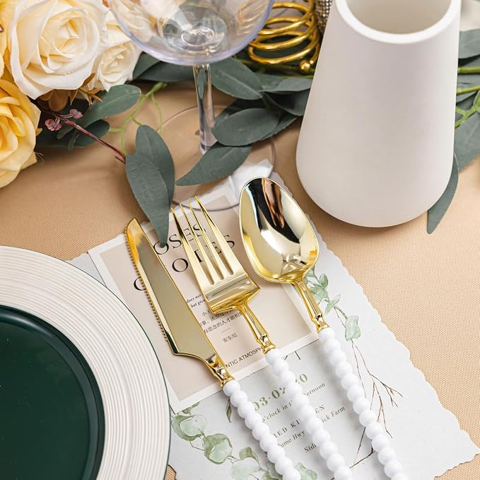 120 Pcs Gold Plastic Silverware,Gold Plastic Utensils with White Beads Handle,Fancy Disposable Cutlery Set Include 40 Forks 40 Knives 40 Spoons for Party & Wedding
