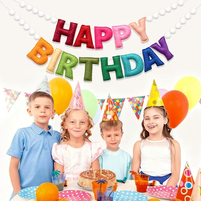 2Pcs Upgraded Pre-Strung Ultra-Soft Wool Felt Happy Birthday Banner Sign, Felt Ball Garland, Rainbow Theme Party Decorations, Reusable Colorful Birthday Garland for Party Decor, Room Decor, Photo Prop