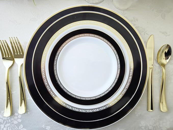 OCCASIONS 240 Fancy Black Gold Disposable Plastic Plates for 120 Guests, Heavy Duty Dinnerware, Looks Like Real China, Wedding Party, 10.5" Dinner + 7.5" Salad/Dessert, BPA-Free (Ritz Black and Gold)