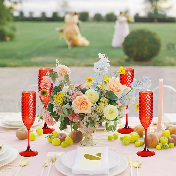 12 Pack Red Plastic Champagne Flutes Mimosa Unbreakable Champagne Glasses Wedding Toasting Glasses 5.5 OZ Reusable Diamond Glasses Wine Cups Vintage Drinking Glasses for Wedding,Christmas,Party