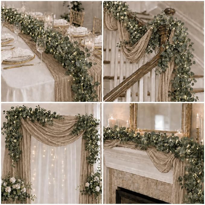 Cinrobiye 11pcs Cheesecloth Table Runner Set 120 Inch – Gauze Table Runner with Napkins, Eucalyptus Garland & String Lights for Wedding Baby Shower Table Decor, Rustic Boho
