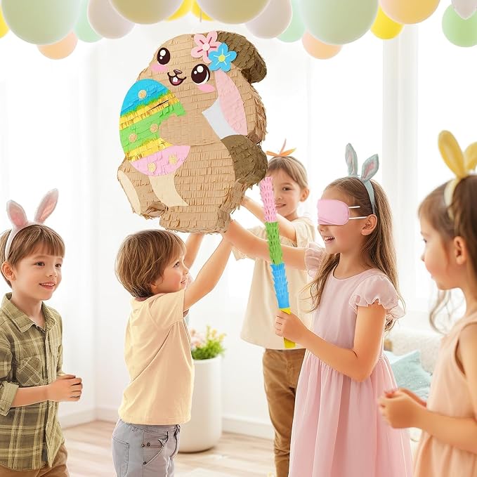 WERNNSAI Easter Bunny Piñata - Easter Piñata with Blindfold and Stick Spring Easter Piñata for Kids Easter Party Decoration Supplies for Birthday Decoration School Spring Party Game