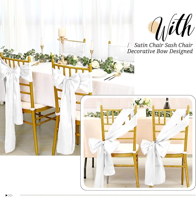 Pesonlook 60 PCS White Satin Chair Sashes Bows Satin Chair Sashes Universal Chair Cover for Wedding Reception Restaurant Event Decoration Banquet,Party,Hotel Event Decorations (7 x 108 inch)
