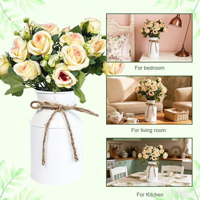 4 Sets Farmhouse Wedding Flower Centerpiece for Tables Decorations, Rustic Artificial Roses Bouquet with Metal Galvanized Vase Pot for Party Bridal Shower Event (White Vase & Champagne Roses)
